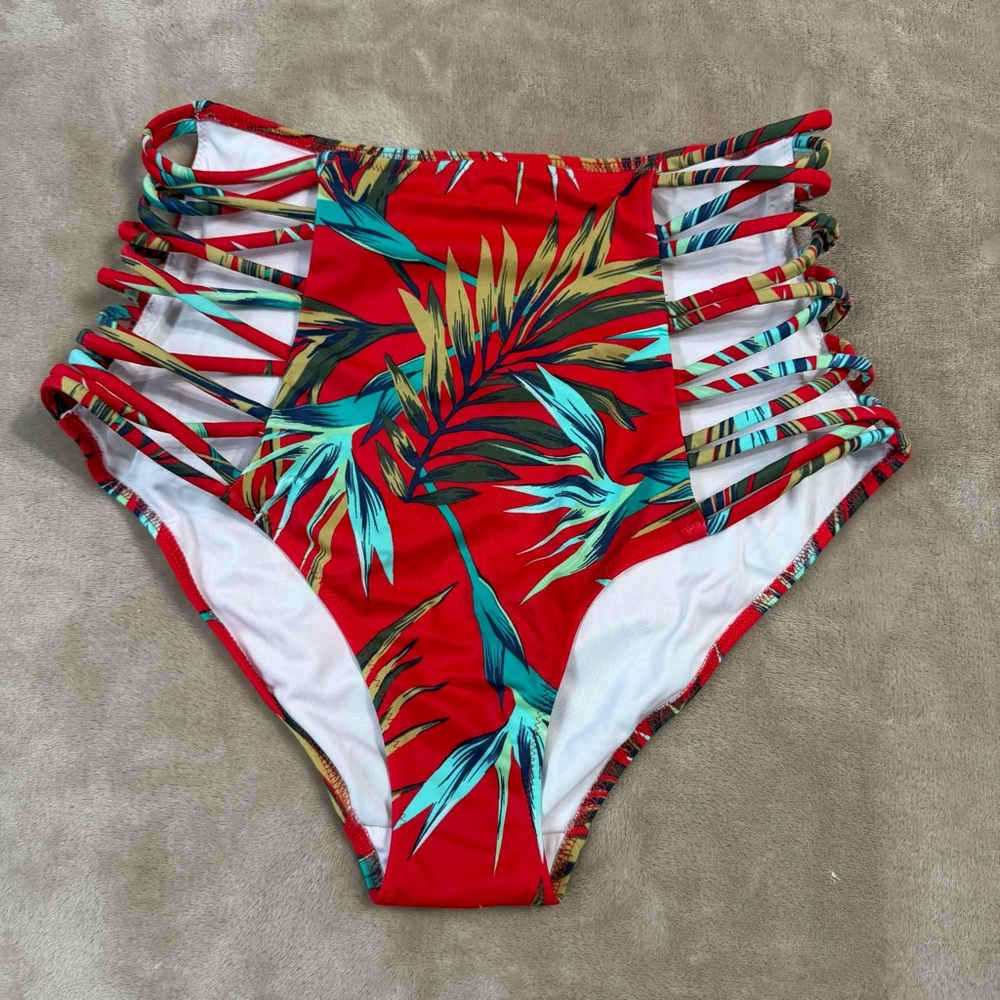 PINK Victoria's Secret High Waisted Tropical Palm Strappy Swim Bottoms Sz Large